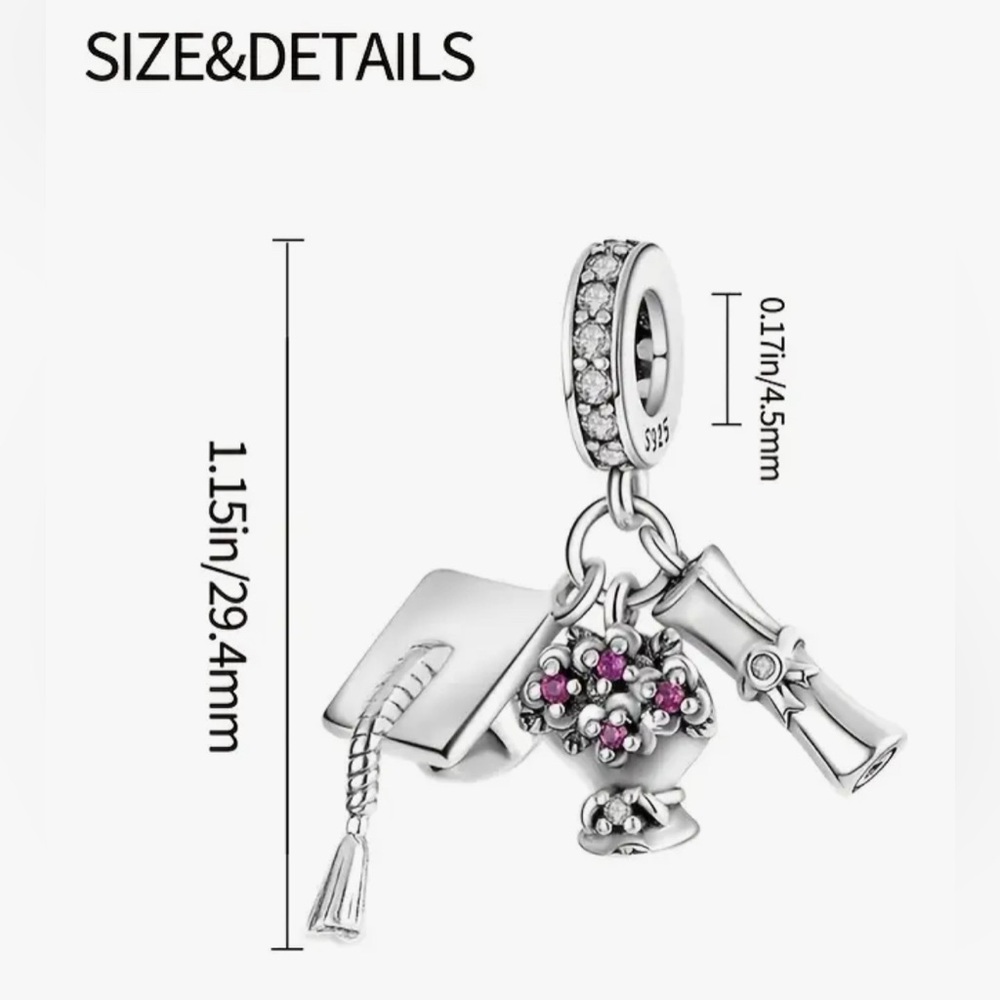 Triple Dangle Silver Graduation Charm For Pandora Braclets - Picture 2 of 6